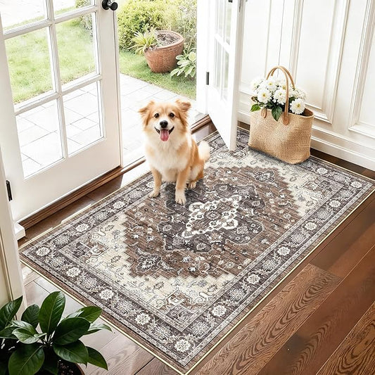 Washable Ktichen Area Rug 3x4: Indoor Runners for Bedroom Bathroom Non-Slip Soft Stain Resistan Carpet for Entryway Laundry Dining Room Vintage Home Decor for Small Living Room Nursery Room(3x4,Brown)