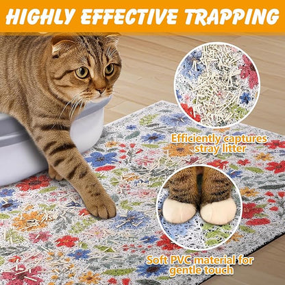 Cat Litter Mat, 20x15 in Litters Box Mat Waterproof Non-slip Easy to Clean Washable Trapping Mat for Kitty(White Leaves)