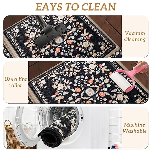RORA Stair Treads Landing Mat Non-Slip Stair Treads Matching Mat for Wooden Steps Indoor,Bullnose Carpet Stair Floral Stair Rugs Washable Stair Carpet for Pets,30"x30",Black,1pcs