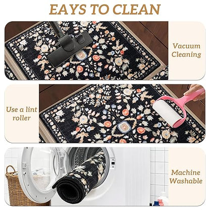 RORA Stair Treads Landing Mat Non-Slip Stair Treads Matching Mat for Wooden Steps Indoor,Bullnose Carpet Stair Floral Stair Rugs Washable Stair Carpet for Pets,30"x30",Black,1pcs