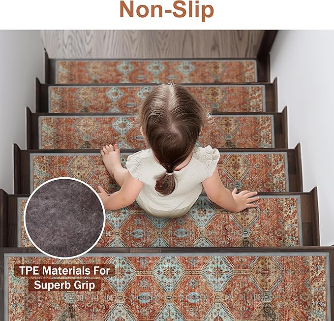 Non Slip Stair Treads for Wooden Steps 15PCS - 8"x30" Indoor Safety Carpet, Edging Mats with TPE Adhesive Backing, Pet and Elderly Friendly Stair Rugs (Rust)