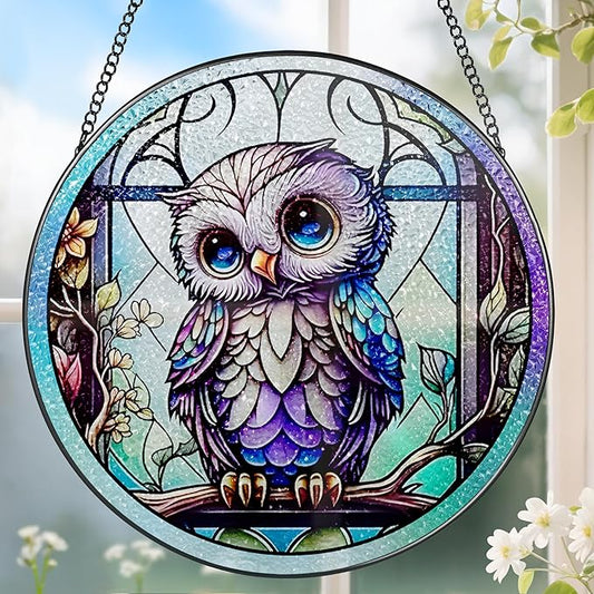 8 Inch Stained Glass Suncatcher Ornament, DOUHASU Owl Sun Catchers Indoor Window, Stained Glass Window Hanging, Home Decor, Owl Lovers Gifts for Women, Men, Friend, Relative