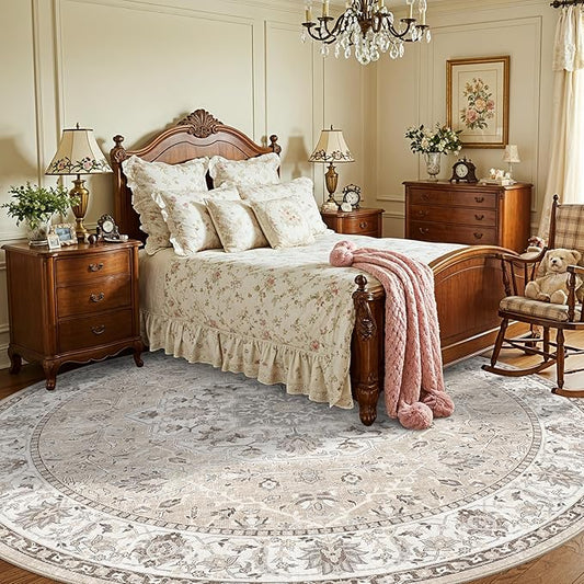 Washable 8ft Round Area Rug - Living Room Oriental Non Slip Soft Rugs Indoor Low Pile Stain Resistant Carpet for Bedroom Dining Room Farmhouse Distressed Thin Home Decor Floor Mat(8Round,Beige)