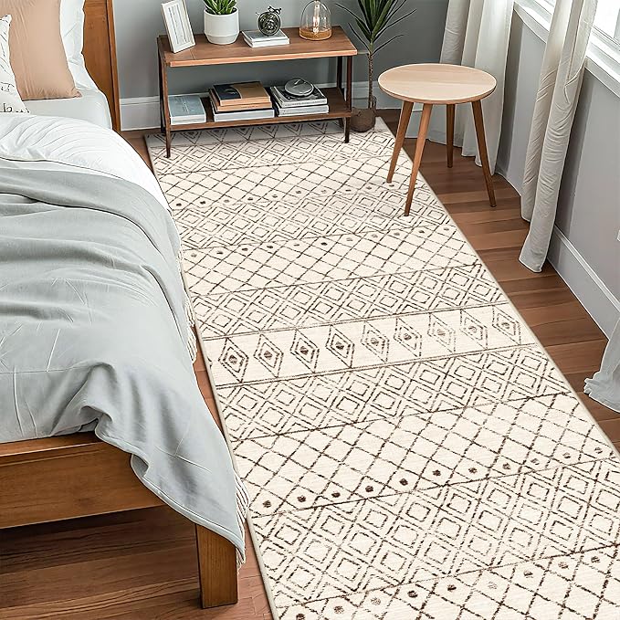 Washable 4x10 Runner Rug Hallway: Non Slip Moroccan Rugs - Modern Geometric Low Pile Soft Pets Friendly Runners - Indoor Thin Carpet for Kitchen Bedroom Entryway Laundry 4x10 Geo Beige