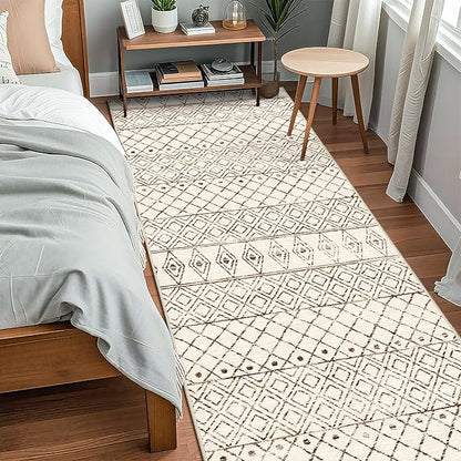 Washable 4x10 Runner Rug Hallway: Non Slip Moroccan Rugs - Modern Geometric Low Pile Soft Pets Friendly Runners - Indoor Thin Carpet for Kitchen Bedroom Entryway Laundry 4x10 Geo Beige