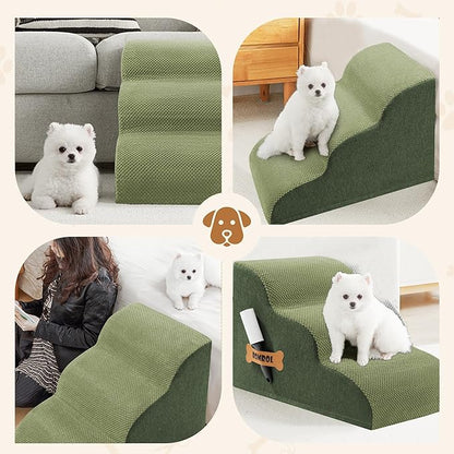 Romrol Dog Stairs Ramp for High Beds Couches, High Density Foam Pet Steps with Durable Non-Slip Waterproof Fabric Cover, Dog Stairs for Small Dogs or Cats or Pets, 3-Step,15 Inch,Green