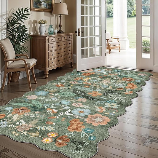 4x8 Washable Area Rug for Family: Stain Resistant Wide Floral Scalloped Kitchen Rug Soft Carpet for Entryway Bathroom Bedroom Farmhouse Living Room Floor Mat with Non Slip Backing(4x8, Floral/Green)
