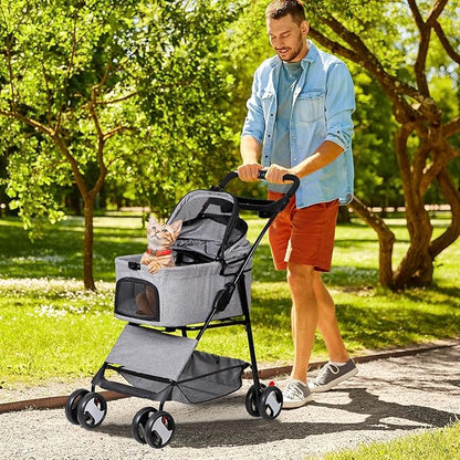 4 Wheels Dog Stroller Folding Pet Strolling Cart for Small Medium Cats Puppies with Storage Basket Cup Holder Detachable Carrier, Gray