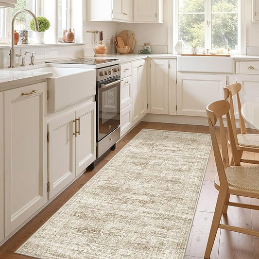 3x8 Runner Rug Non Slip Washable for Entryway, Vintage Hallway Runner for Front Porch, Laundry Room, Bedroom, Abstract Stain Resistant Thin Indoor Kitchen Mats for Floor(3'x8', Brown/Ivory)