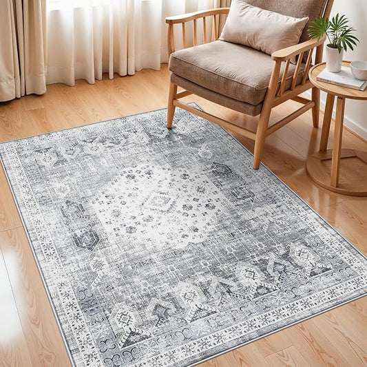 RUUGME 3x4 Washable Area Rug: Indoor Soft Low Pile Carpet for Kitchen Entryway Bedroom Non Slip Stain Resistant Rugs for Laundry Bathroom Vintgae Distressed Home Decor Floor Mat 3x4 Grey