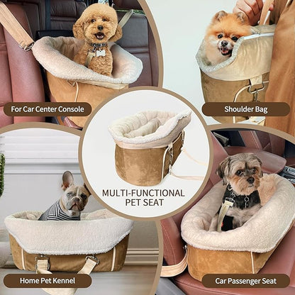 Johnear Puppy Dog Booster Seat for Small Dog up to 28 lbs Outing Car Travel, 3 in 1 Portable Pet Handbag Sofa Dogs Car Center Console Seats Winter Warm Pet Carrier with Safety Belt for Passenger Seat