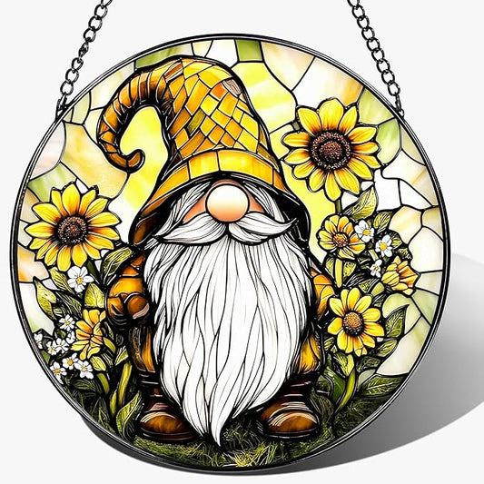 8″ Stained Glass Window Hanging Ornament, Sunflower Gnome Stained Glass Suncatcher Ornament, Sun-Catcher Window Decor | Christmas & Birthday Gifts, Festival Gifts | Gift for Her