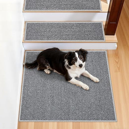 Non-Slip Stair Treads Runners - 30''x30'' Stair Runner for Wooden Steps Washable Self Adhesive Stair Landing Rug Stain Resistant Carpet Edging Staircase Mats for Kids and Dogs Grey