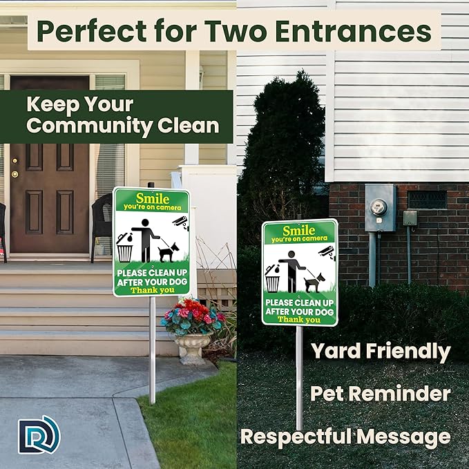 Clean Up After Your Dog Signs, Smile Youre on Camera Signs, 10 x 13 Inch Reflective Aluminum Outdoor Yard Signs with 28 Inch Metal Stake, 2 Pack