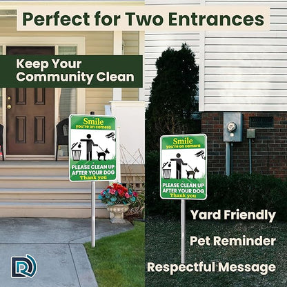 Clean Up After Your Dog Signs, Smile Youre on Camera Signs, 10 x 13 Inch Reflective Aluminum Outdoor Yard Signs with 28 Inch Metal Stake, 2 Pack