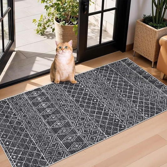 2x4 Runner Rug for Hallway: Washable Non-Slip Moroccan Rugs for Kitchen Entryway Bedroom - Soft Stain Resistant Easy Clean Mat for Family with Pets 2x4 Black