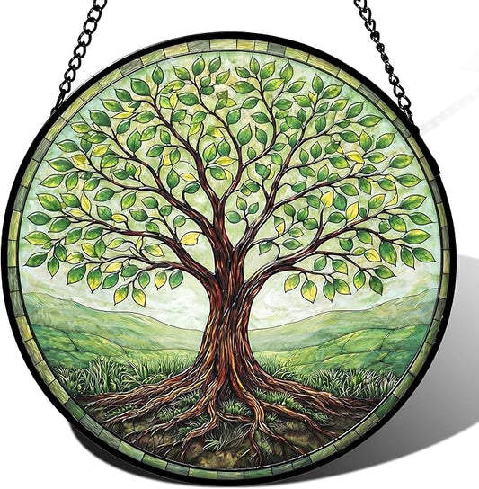 Sanwarm Stained Glass Window Hanging, Tree-of-Life Green Suncatcher Window Decor for Indoor Home Sun Catcher Ornament, Mother’s Day & Birthday Gift for Women, Men, Mom & Nana, 7.8 in