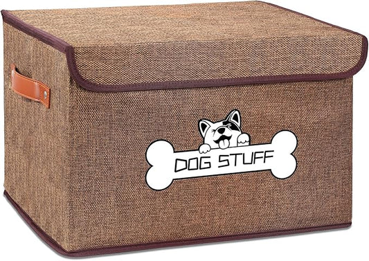 Fabric Dog Toy Box with Lid, Collapsible Storage Bin, Basket Organizer with Handle for Dog Toys, Blankets and Accessories, Coffee
