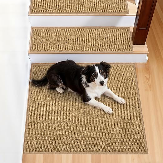Non-Slip Stair Treads Runners - 1 Pack 30''x30'' Stair Runner for Wooden Steps Washable Self Adhesive Stair Landing Rug Stain Resistant Carpet Edging Staircase Mats for Kids and Pets Brown
