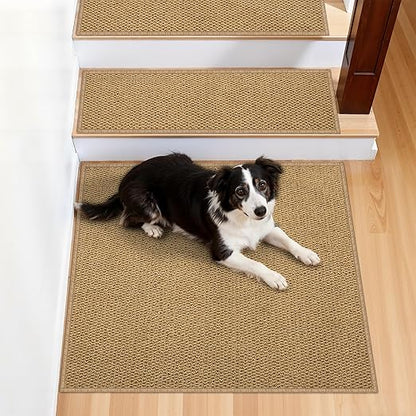 Non-Slip Stair Treads Runners - 1 Pack 30''x30'' Stair Runner for Wooden Steps Washable Self Adhesive Stair Landing Rug Stain Resistant Carpet Edging Staircase Mats for Kids and Pets Brown