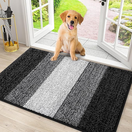 Smiry Dog Door Mat for Muddy Paws, Absorbs Moisture and Dirt, Low-Profile Entryway Mat with Non-Slip Backing, Entry Indoor Outdoor Doormat for Inside Floor (30x20 Inches, Black, Striped)