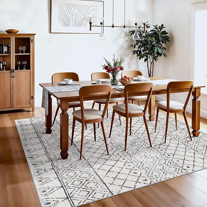 Square 6x6 Area Rug Moroccan: Machine Washable Non Slip Large Carpet - Low Pile Boho Floor Mat for Living Room Bedroom Game Room - Soft Non-Shedding Rugs for Home Office Decor 6x6 Geo Grey