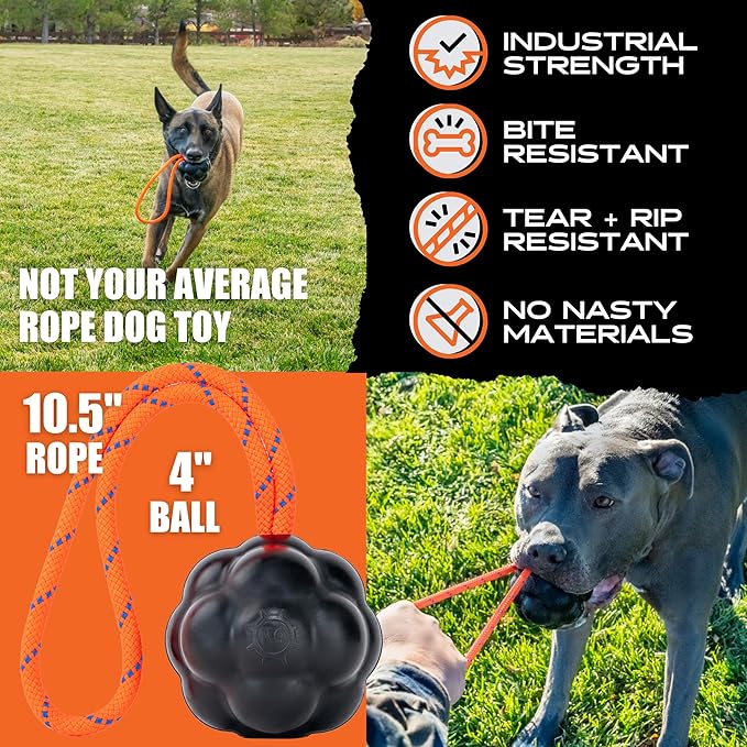 Monster K9 Launcher Tug Dog Ball - Lifetime Replacement - Medium & Large Breeds - Aggressive Chewers - Chew, Tug, & Fetch Dog Toy - Made in USA - (Rope NOT for Chewing & NOT Guaranteed)