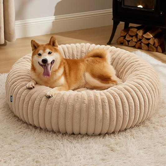 Bedsure ComfyFleece™ Donut Large Dog Bed - Washable Faux Fur with Corduroy Fleece & Anti Slip Bottom, Round Pet Bed with Removable Cover, Sandy Beige, 36x36x8 inches
