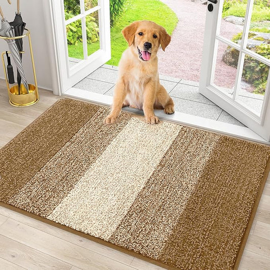 Smiry Dog Door Mat for Muddy Paws, Absorbs Moisture and Dirt, Low-Profile Entryway Mat with Non-Slip Backing, Entry Indoor Outdoor Doormat for Inside Floor (30x20 Inches, Camel, Striped)