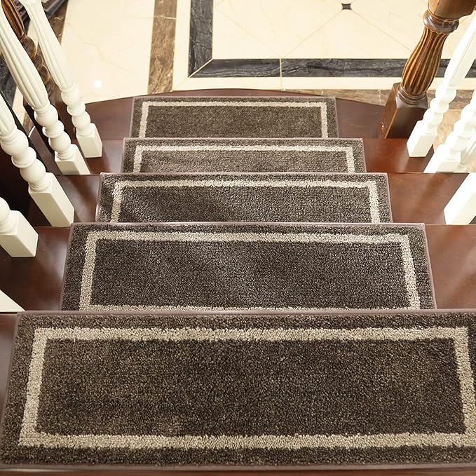 COSY HOMEER Soft Stair Treads Non-Slip Carpet Mat 28inX9in Indoor Stair Runners for Wooden Steps,Stair Rugs for Kids and Dogs, 100% Polyester TPE Backing 10pcs,Brown,Square