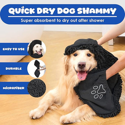 Microfiber Dog Bath Towel – Super Absorbent Dog Towels for Drying Dogs Large & Small, Quick Dry Pet Towel with Hand Pockets, Soft & Durable Puppy Towel, Machine Washable – Black