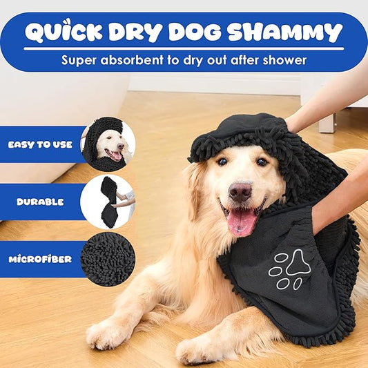 Microfiber Dog Bath Towel – Super Absorbent Dog Towels for Drying Dogs Large & Small, Quick Dry Pet Towel with Hand Pockets, Soft & Durable Puppy Towel, Machine Washable – Black