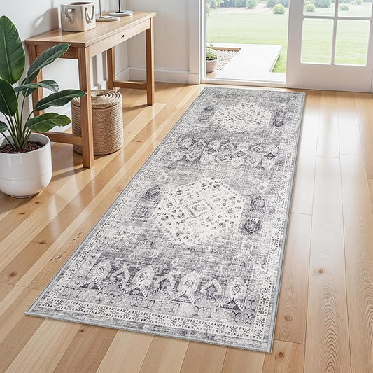 3x6 Kitchen Runner Rug Washable - Vintage Wide Hallway Carpet with Non Slip Backing Machine Woven Stain Resistant Bedroom Rugs Distressed Home Decor Floor Mat for Bathroom Laundry (Grey,3x6)