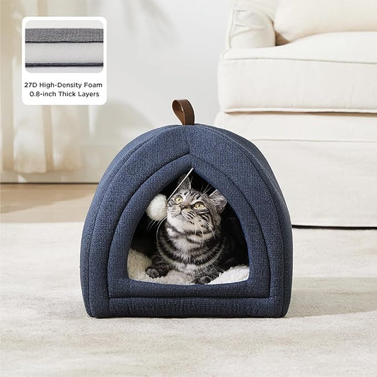 Bedsure Cat Beds for Indoor Cats - 2 in 1 Cat Cave House Tent for Kittens and Small Pets with Removable Washable Cushioned Pillow, Foldable Kitten Hideaway with Non-Slip Bottom, Navy, 16 inches