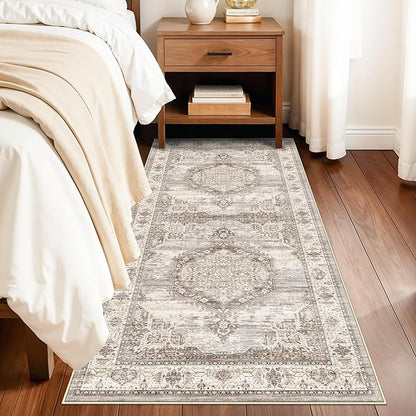 Washable 3x6 Hallway Runner Rug: Vintage Water Resistant Kitchen Entryway Rug Ultra Soft Living Room Bedroom Carpet with Non Slip Backing Indoor Low Pile Floor Mat for Bathroom Dining Room(3x6,Beige)