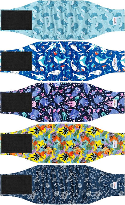 5 Pack Dog Diapers Male Reusable, Premium Belly Bands for Dogs, High Absorbing Male Dog Pee Wraps for Doggie in Incontinence or Excitable Urination Hawaii M