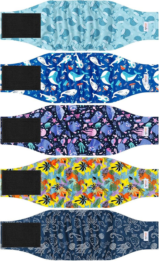 5 Pack Dog Diapers Male Reusable, Premium Belly Bands for Dogs, High Absorbing Male Dog Pee Wraps for Doggie in Incontinence or Excitable Urination Hawaii M