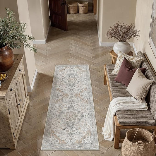 Taup Runner Rug 2x6 Washable Vintage Long Carpet Low Pile Traditional Distressed Retro Accent Indoor Hallway Throw Rug Non Slip for Kitchen Laundry Bathroom Dining Room