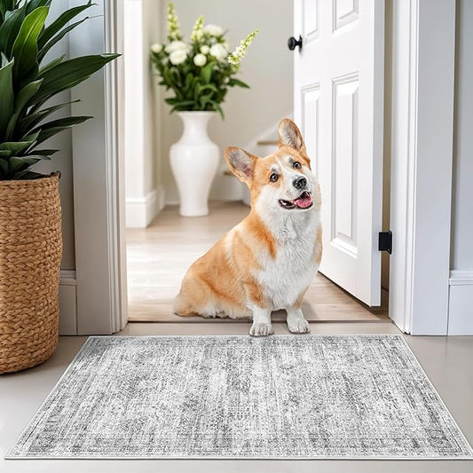 2x3 Washable Rug Runner for Bathroom, Soft Entryway Rug for Laundry Room, Kitchen, Vintage Abstract Hallway Runner for Bedroom, Anti-Slip Door Mat Indoor Entrance(2'x3', Grey/Ivory)