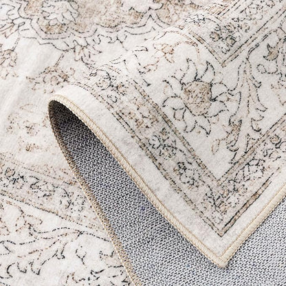 Beige Runner Rug 2'6"x8' Washable Vintage Carpet Hallway Kitchen Soft Retro Low Pile Thin Indoor Bedroom Non Slip Oriental Medallion Long Throw Rug for Bathroom Laundry Dining Room