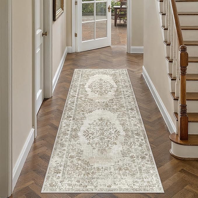 2x5 Runner Rug Beige Washable Hallway Kitchen Bedroom Vintage Distressed Bathroom Non Slip Medallion Floral Carpet Indoor Retro Throw Floor Mat for Office Dining Laundry Living Room