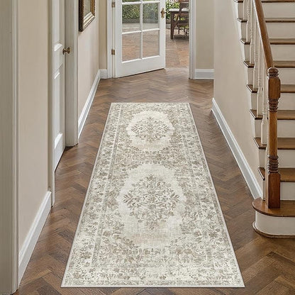 2x5 Runner Rug Beige Washable Hallway Kitchen Bedroom Vintage Distressed Bathroom Non Slip Medallion Floral Carpet Indoor Retro Throw Floor Mat for Office Dining Laundry Living Room