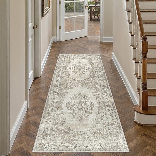 2x5 Runner Rug Beige Washable Hallway Kitchen Bedroom Vintage Distressed Bathroom Non Slip Medallion Floral Carpet Indoor Retro Throw Floor Mat for Office Dining Laundry Living Room