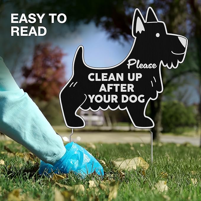 Clean Up After Your Dog Signs with Stakes, 11 x 10 Inch Black Dog Shaped Double Sided No Pooping Signs for Yards for Yard, Weather-Resistant Corrugated Plastic Lawn Sign