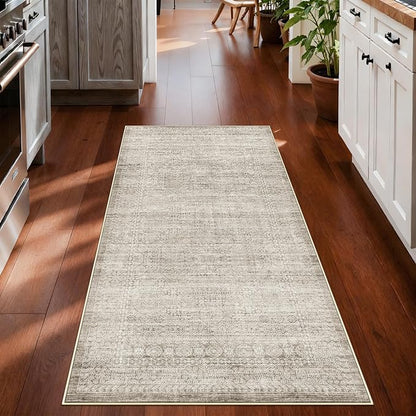 2x5 Abstract Kitchen Runner Rug: Non-Slip Thin Entryway Carpet Soft Hallway Bedroom Beside Floor Mat Neutral Easy-Clean Mat Washable Water Resistant Rug for Bathroom Low-Pile Doormat(Beige/Ivory,2x5)