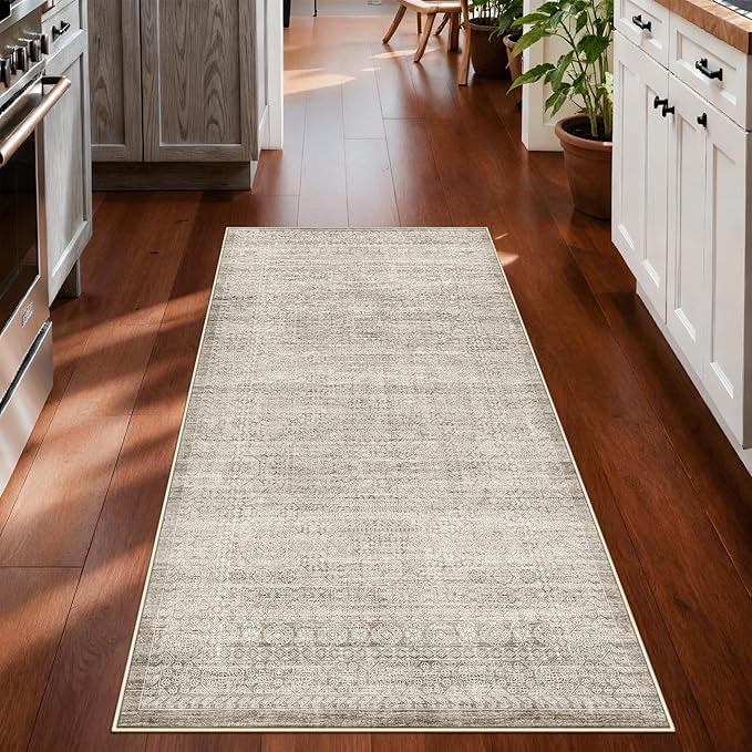Washable 2x4 Abstract Kitchen Rug: Neutral Easy-Clean Soft Cozy Carpet Non-Slip Water-Resistant Floor Mat for Entryway Bedroom Bathroom Perfect for High-Traffic Areas with Pets(Beige/Ivory,2x4)