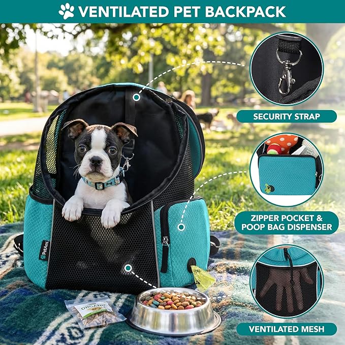 PetAmi Front Carrier Backpack, Ventilated Adjustable Pet Chest Carrier for Dog Cat, Hiking Camping Travel, Small Puppy Medium Cat Carrying Bag, Max 10 lb, Sea Blue