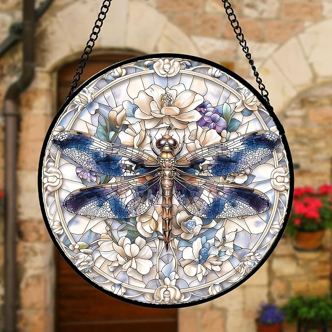 Stained Glass Window Hanging, Dragonfly Flower Suncatcher for Doors Home Sun Catchers Decoration and Christmas, Mother's Day Birthday Gifts for Women, Men, and Mom 7.8 in