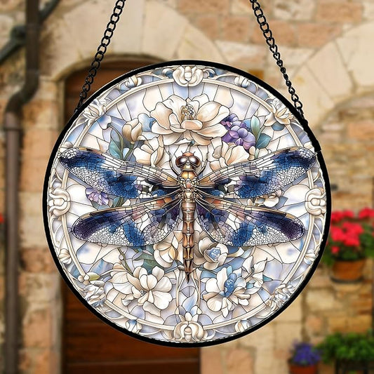 Stained Glass Window Hanging, Dragonfly Flower Suncatcher for Doors Home Sun Catchers Decoration and Christmas, Mother's Day Birthday Gifts for Women, Men, and Mom 11.8x11.8 in