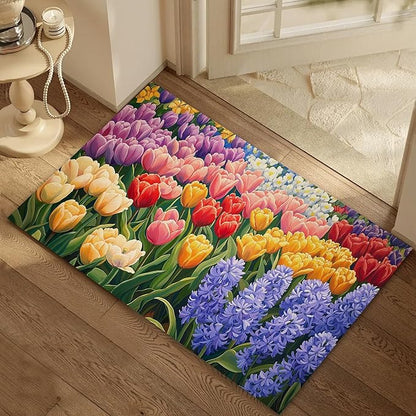 Colorful Flower Field Welcome Mat,Vintage Tulip Floral Indoor Rugs for Entryway,Anti-Slip Low Profile Doormats Porch Mats for Front Door Stairway Rug Living Room Floor Mat 30 x 17 Inch